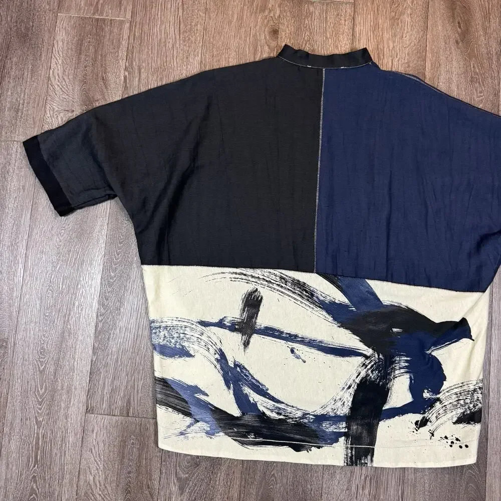 Ozai N Ku Black Blue Brush Stroke Top Shirt Boxy Oversized Art to Wear sz 1 - Picture 12 of 13